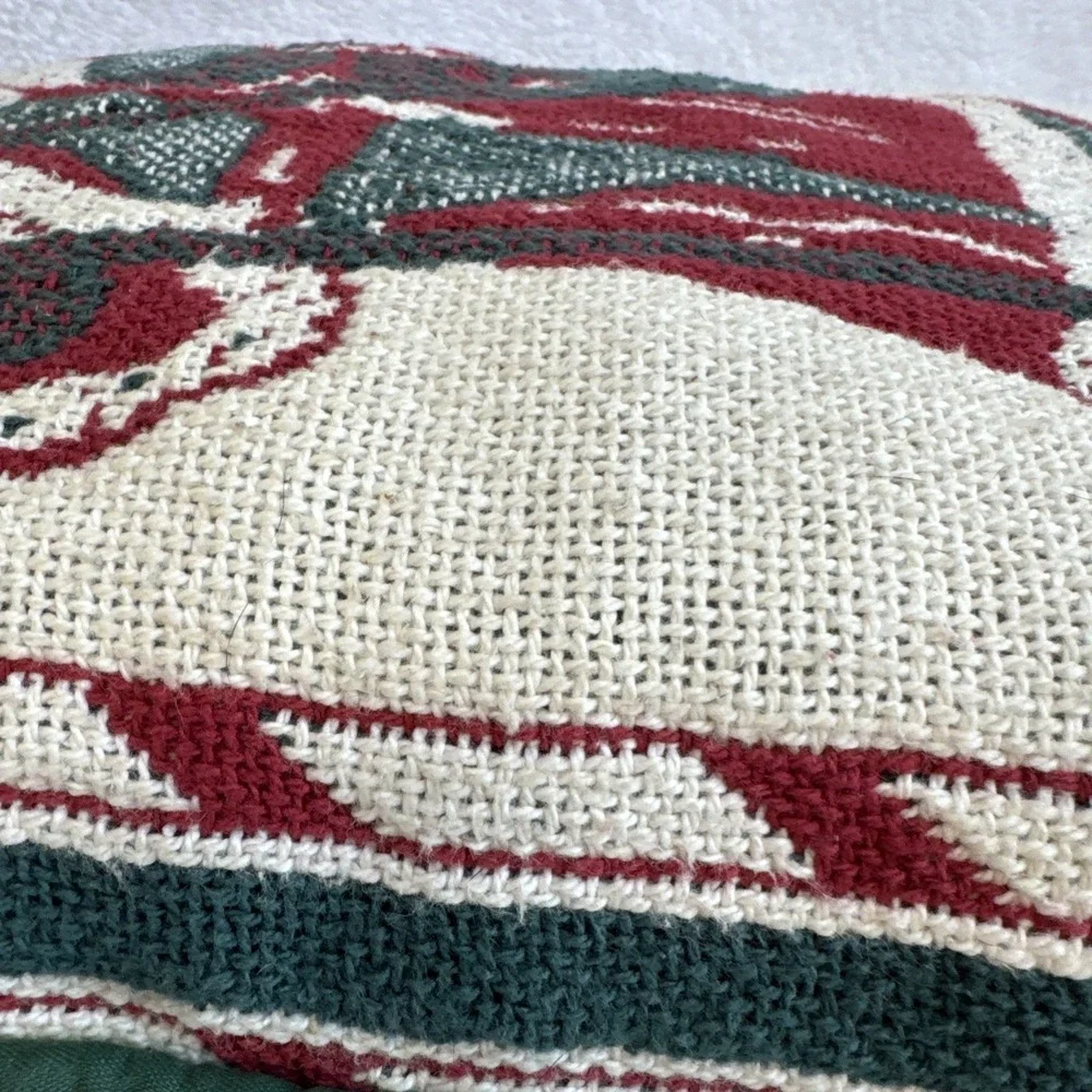 Vintage Santa Claus Woven Tapestry Christmas Throw Pillow Green Red Cream